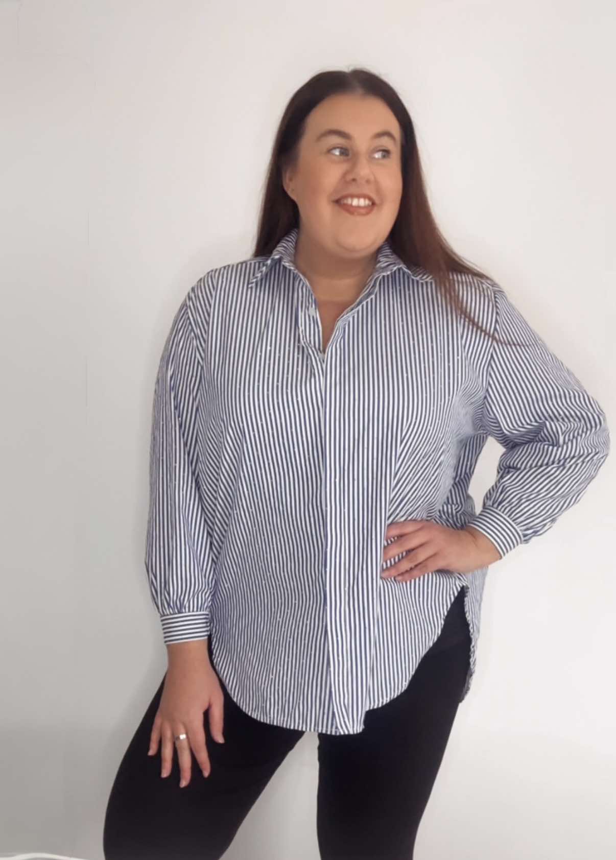 Long Line Navy & White Striped Shirt